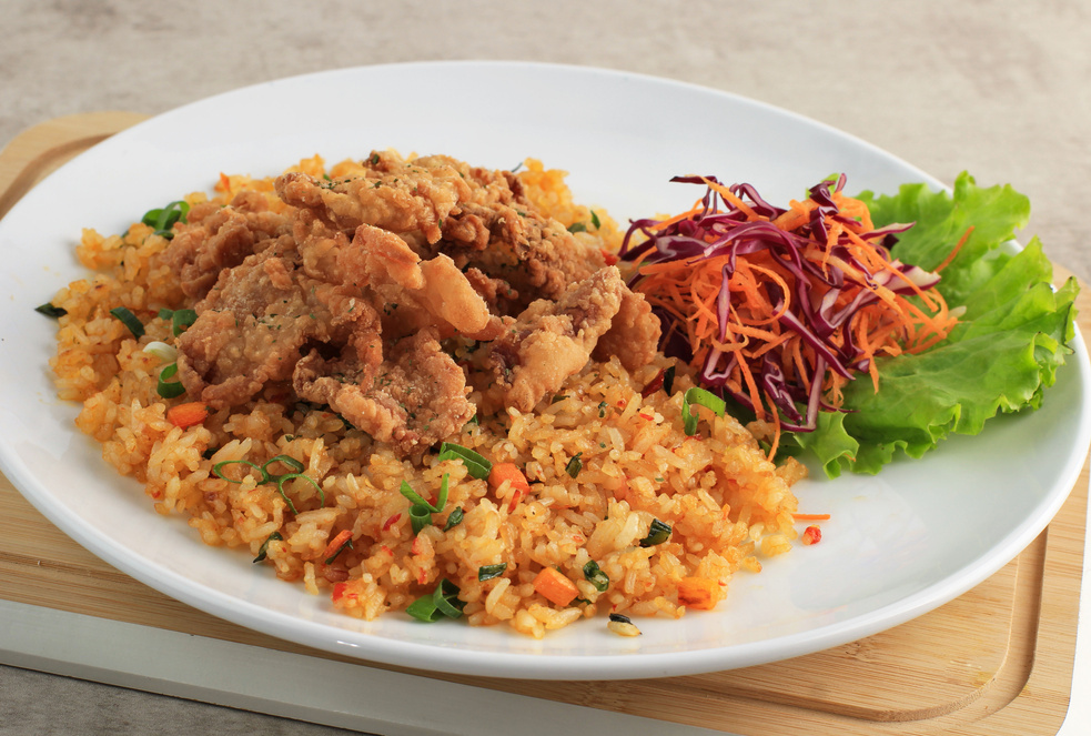 Nasi Goreng with Crispy Chicken SKin Topping, Served with Shredd